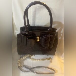 Dark Brown Faux Leather & Gator Skin Women’s Handbag with Gold Accents